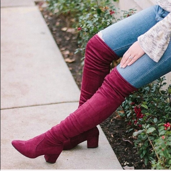 Burgundy Over The Knee Back Lace Kitten Heel Boot - Picture 3 of 5